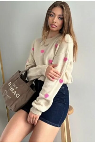 Butik La Lilyum; Kalp Desenli Krem Rengi Triko Kazak
