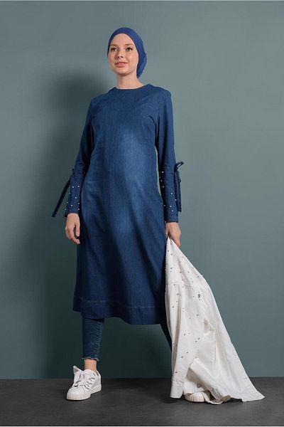 TRENDTESETTÜR Women's Dark Blue Cotton Denim Tunic with Pearls - 8411
