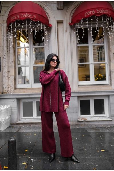Melike Tatar Women's Burgundy Silvery Mercerized Knitwear Pants Cardigan Set