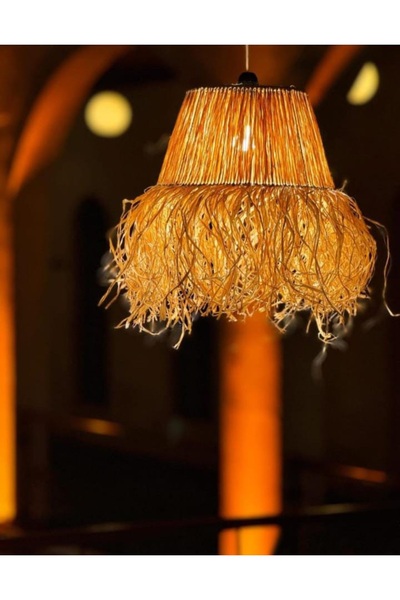 AYGHOME Hasır Doğal Saçaklı Çift Katlı Rafya Avize