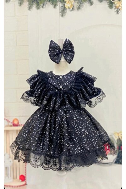 Nissa Siyah Desenli Kız Çocuk Elbisesi