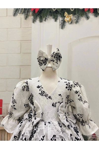 Nissa White Velvet Brushless Lace V-Neck Girl's Dress
