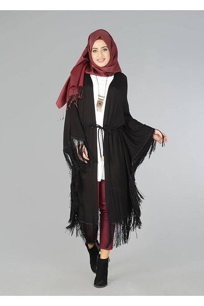 TRENDTESETTÜR Women's Black Front Tie Tasseled Tunic 4452