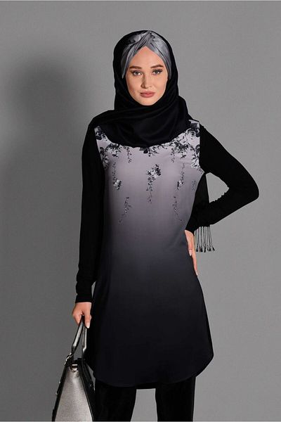 TRENDTESETTÜR Women's Black Print Detailed Crew Neck Tunic 4623