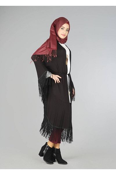 TRENDTESETTÜR Women's Black Front Tie Tasseled Tunic 4452