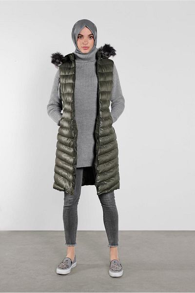 TRENDTESETTÜR Women's Khaki Hooded Fur Puffer Vest 673