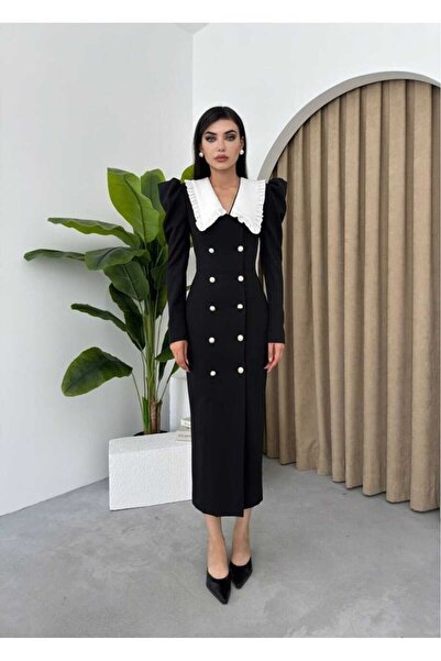 MODA DURAĞI Μαύρο μωρό φόρεμα με πουά κουμπιά και λεπτομέρεια με μακρύ φόρεμα