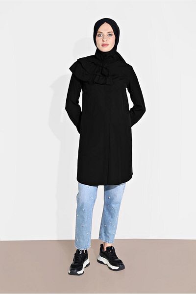 TRENDTESETTÜR Women's Black Collar Ruffle Detailed Tunic 4399