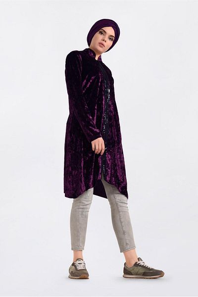 TRENDTESETTÜR Women's Plum Judge Collar Zippered Velvet Tracksuit Tunic 4872