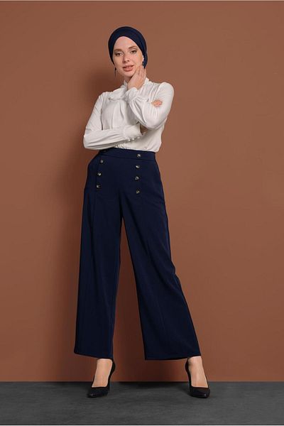 TRENDTESETTÜR Women's Navy Blue Wide Leg Trousers 7578