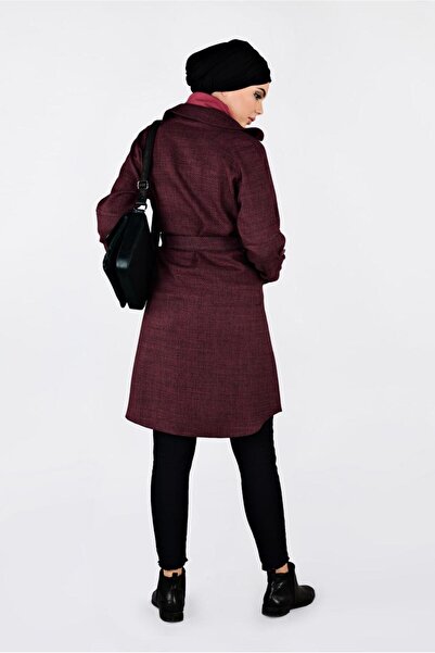 TRENDTESETTÜR Burgundy Double Breasted Women's Clothing with Belt - 4636