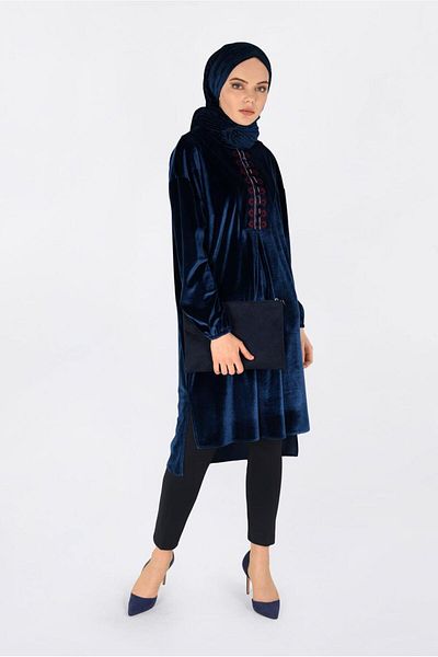TRENDTESETTÜR Γυναικείο τουνίκ με κέντημα Navy Blue Velvet - 4794
