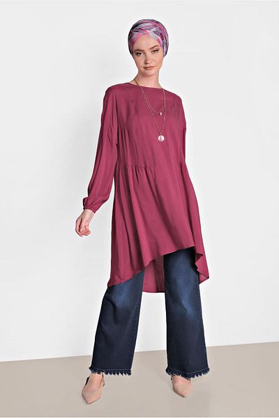 TRENDTESETTÜR Women's Purple (BEGONVİL) Pleated Detailed Casual Tunic 4300