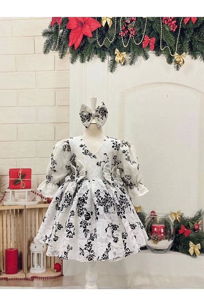 Nissa White Velvet Brushless Lace V-Neck Girl's Dress