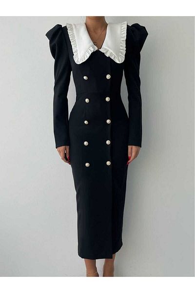 MODA DURAĞI Black Baby Collar Polka Dot Button Detail Premium Long Dress
