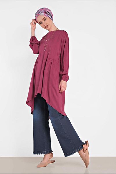 TRENDTESETTÜR Women's Purple (BEGONVİL) Pleated Detailed Casual Tunic 4300