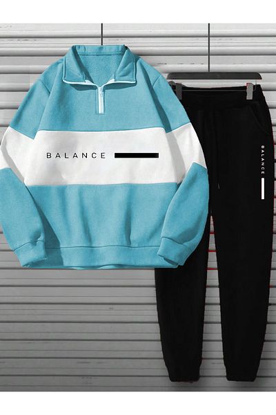 CAST COLLECTİON Men's Baby Blue Three Piece Balance Summer Stand Collar Sweat Black Tracksuit Set