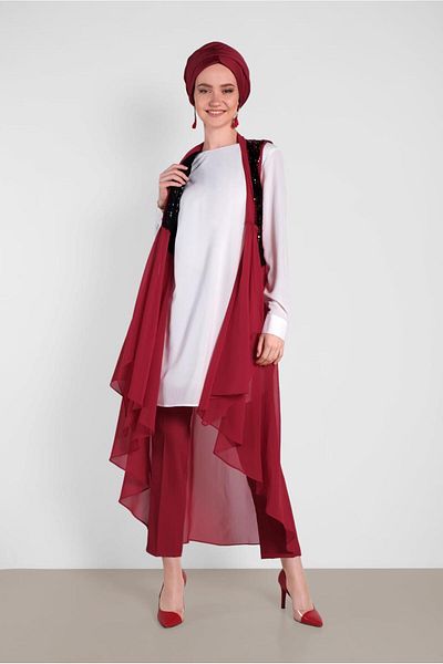 TRENDTESETTÜR Women's Red (Red) Sequin Stripe Detailed Trousers 7565
