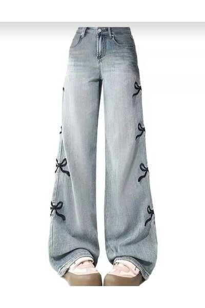 KOTOLOG Pantaloni largi Y2k spălați cu picioare largi, blugi cu panglică