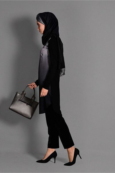 TRENDTESETTÜR Women's Black Print Detailed Crew Neck Tunic 4623