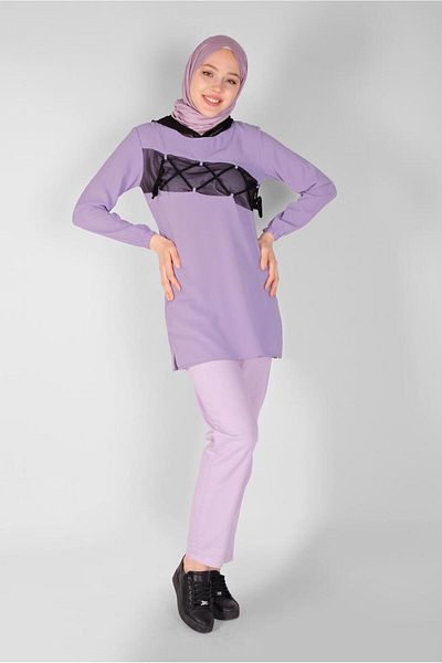 TRENDTESETTÜR Women's Purple (LILA) Mesh and Lace Detailed Tunic 54287