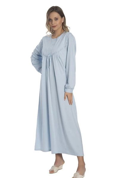 PİCAMABOX Women's Mother Nightgown Long Sleeve 100% Cotton Combed Chest Embroidery Detailed Navy Blue 3 Buttons Comfortable Fit