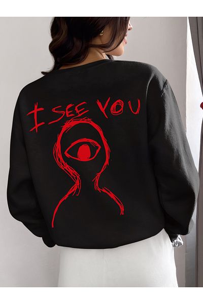 swOzz Unisex I See You Sweatshirt Crew Neck Black Thick Puff Fabric