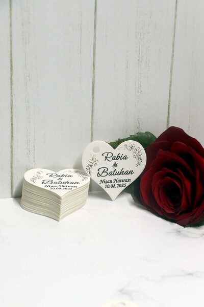 Vice Kalp kesim Nikah - Nişan etiketi / 100 adet kalp şeklinde kişiye özel etiket (4,5 cm)