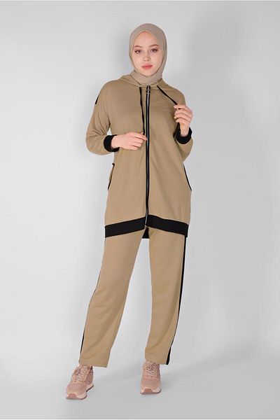 TRENDTESETTÜR Γυναικείο καφέ (CAMEL) Σετ αθλητική φόρμα με παντελόνι με φερμουάρ 5156