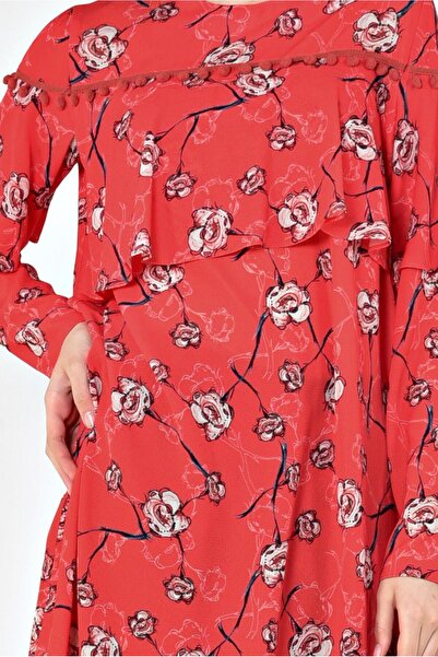 TRENDTESETTÜR Women's Red Floral Patterned Flounced Tunic 4938