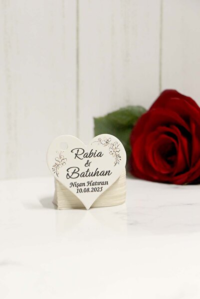 Vice Kalp kesim Nikah - Nişan etiketi / 100 adet kalp şeklinde kişiye özel etiket (4,5 cm)