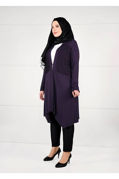 TRENDTESETTÜR Women's Purple Mesh Detailed Combed Cotton Tunic 2636