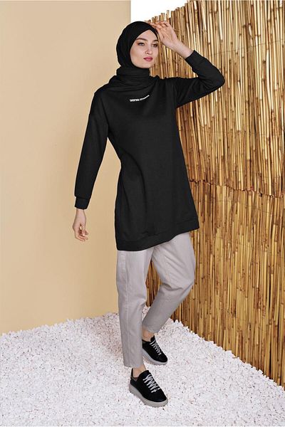 TRENDTESETTÜR Black Hooded Basic Women's Tracksuit Tunic - 1456