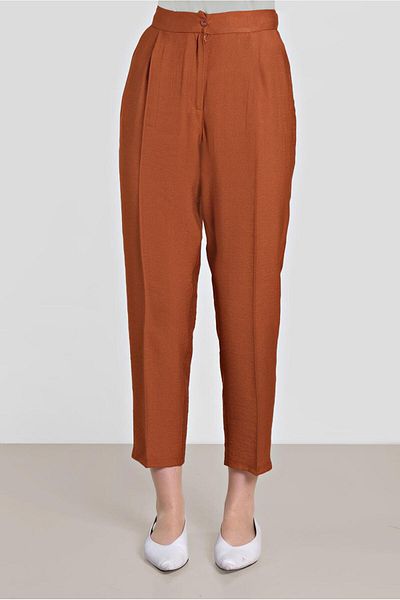 TRENDTESETTÜR Women's Brown (TILE) Pleated Buttoned Trousers 7586