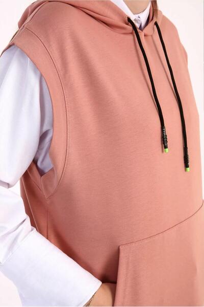 TRENDTESETTÜR Kadın Pembe (GÜL) Kapüşonlu Cepli Pamuklu Süveter 60059