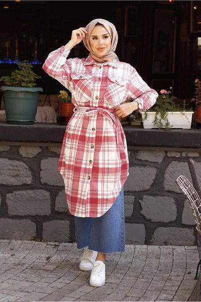 TRENDTESETTÜR Women's Coral Belted Plaid Pattern Lumberjack Tunic 1167