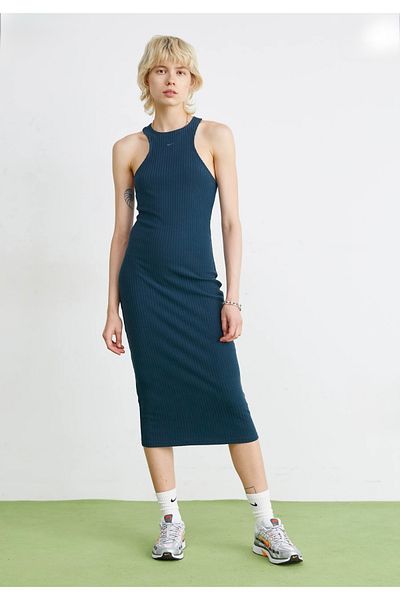Nike Navy Blue Chill Rib Slim Sleeveless Midi Women's Dress - Sportswear