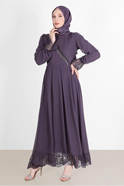 TRENDTESETTÜR KADIN MOR MANŞETLERİ VE ETEK UCU GÜPÜR DETAYLI ABİYE ELBİSE 10049