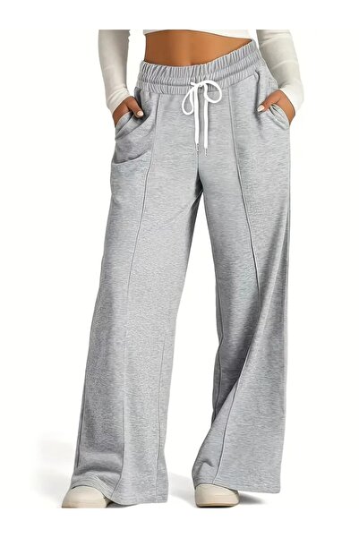 CAONNES Gri Kadınlar Ön Cımalı İçin Şık Düz Renkli İpli Bel Pantolon - Şık Rahat Her Mevsim İçin Mükemmelt54