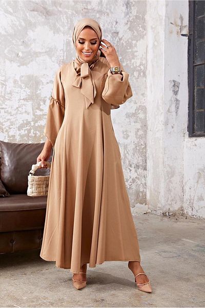 TRENDTESETTÜR Σετ φορέματος CAMEL καφέ 2 τεμαχίων - με λαιμόκοψη και λεπτομέρεια βολάν 7110