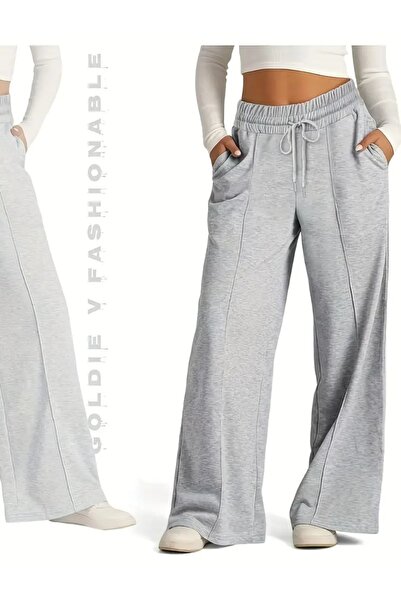 CAONNES Gri Kadınlar İçin Ön Cımalı  Casual Geniş Bacak Sweatpants,Bol Fit, T...