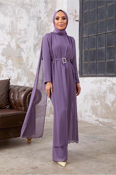 TRENDTESETTÜR Women's Purple (K.LILA) Chiffon Tulle Detailed Belted Double Pants Suit 9610