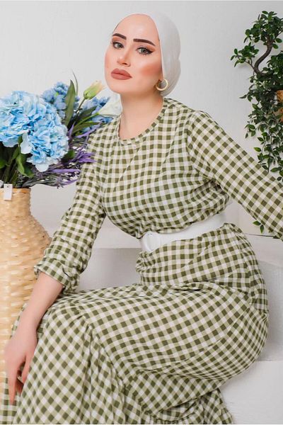TRENDTESETTÜR Γυναικείο Πράσινο Φόρεμα Gingham με Ζώνη 6922