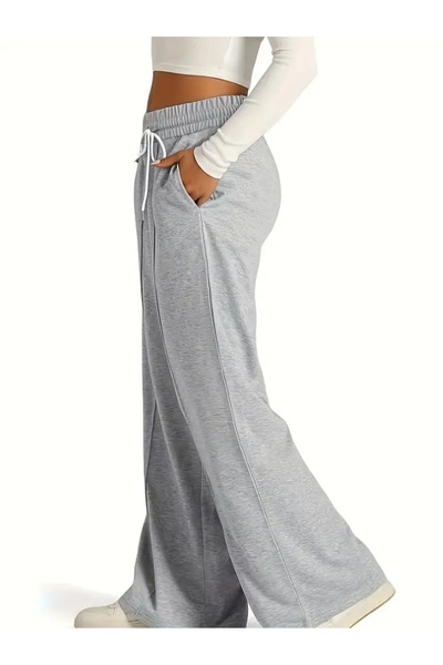 CAONNES Gri Kadınlar Ön Cımalı İçin Şık Düz Renkli İpli Bel Pantolon - Şık Rahat Her Mevsim İçin Mükemmelt54
