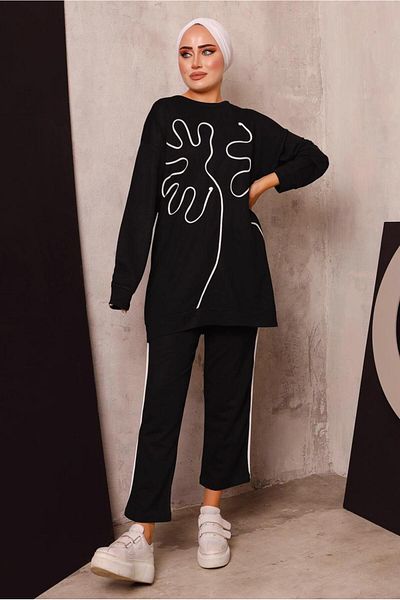 TRENDTESETTÜR Set de trening pentru femei, negru, cu model, 2 piese, pantaloni 7182