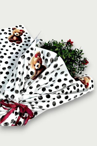 COLORPAK 55X55Cm Flower Bouquet Packing - Black Polka Dot with Teddy Bear Pattern, White Opp (5Pcs)