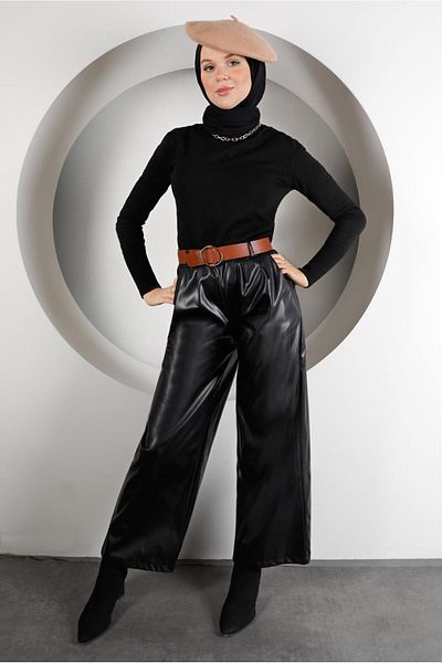 TRENDTESETTÜR Women's Black Belted Leather Trousers 6320