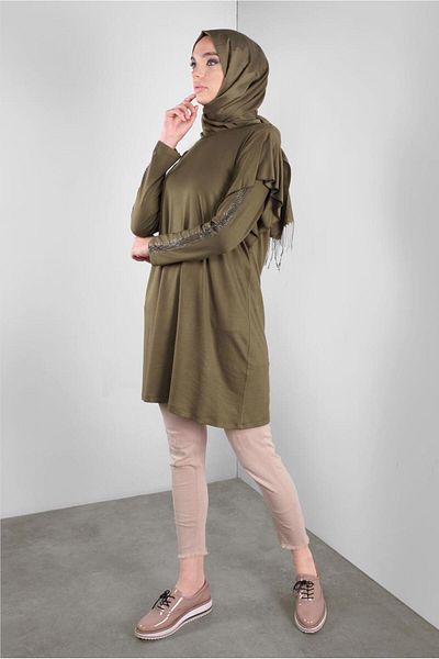 TRENDTESETTÜR Women's Khaki Stone Printed Ruffle Tunic 41293