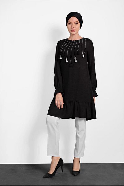 TRENDTESETTÜR Women's Black Tassel Detailed Tunic 40290