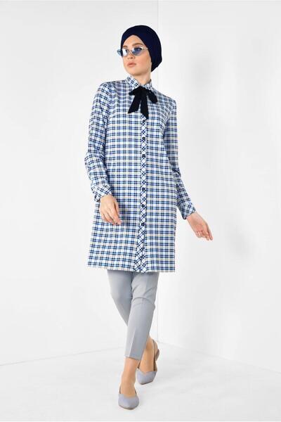 TRENDTESETTÜR Γυναικείο μπλε γιακά με κορδόνια καρό μοτίβο 4912